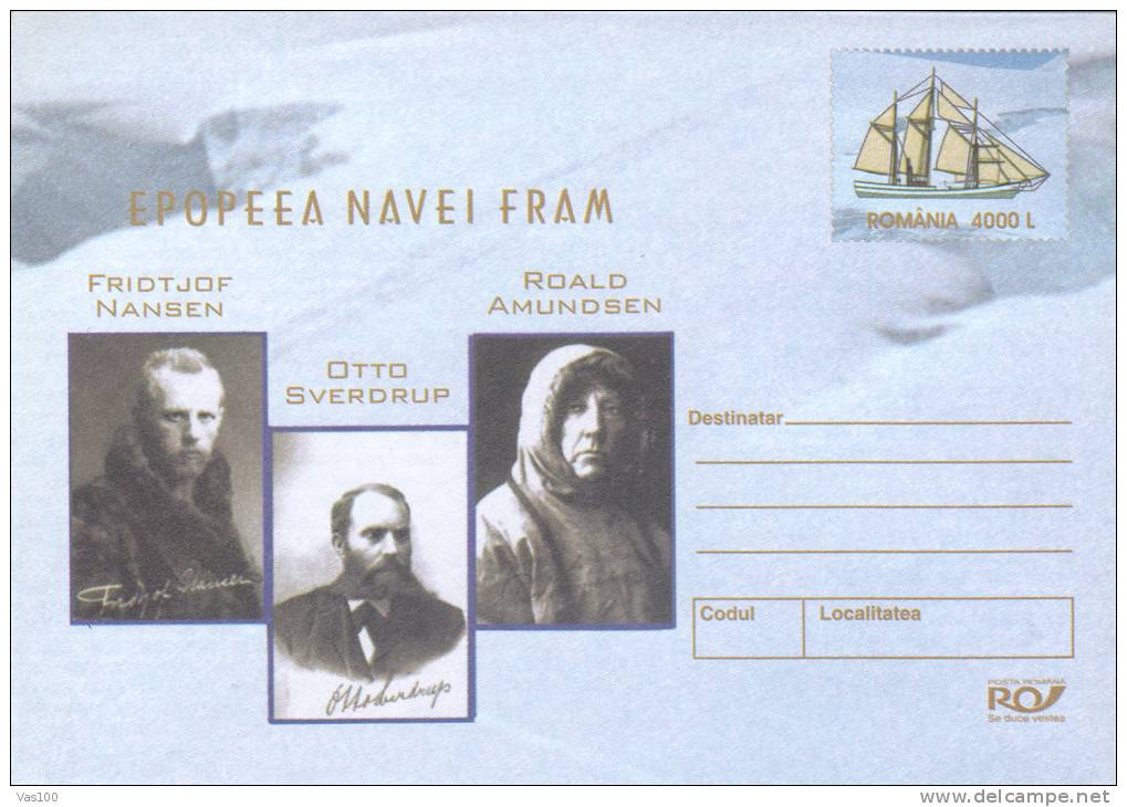 FRIDTJOF NANSEN,OTTO SVERDRUP,R. AMUNDSEN,EXPLORATEURS,SHI P FRAM 2004 COVER STATIONERY ROMANIA. - Erforscher