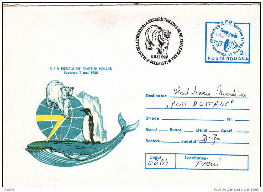 BEARS OURS,PINGOUINS,WHALE,1988 RARE CANCELL ON COVER STATIONERY ROMANIA. - Ours