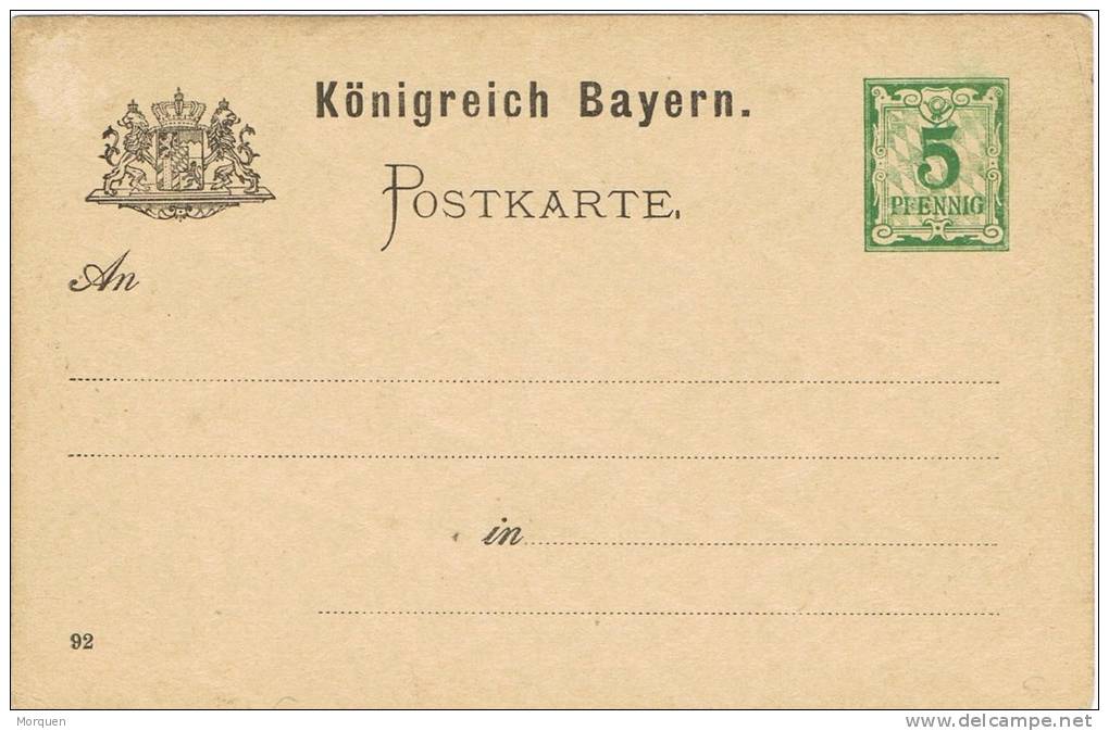 2653. Entero Postal 5 Pf. Bayern (Estado Alemania) 1896, Postkarte - Postal  Stationery