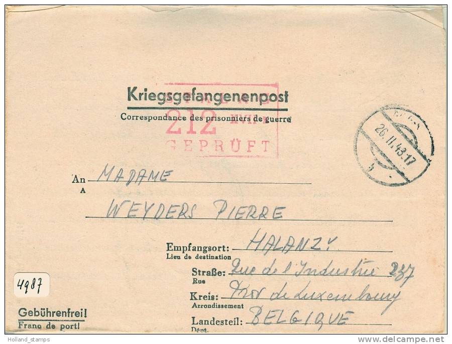 HANDGESCHREVEN BRIEF KRIEGSGEFANGENENPOST STALAG UIT 1943 Naar HALANZY BELGIE (4987) - Autres & Non Classés