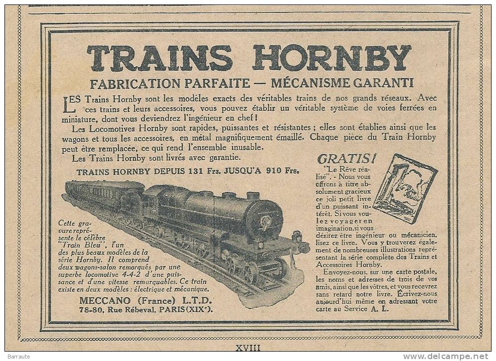 Pub  De 1926 " TRAINS HORNBY  Méccano France " - Publicités