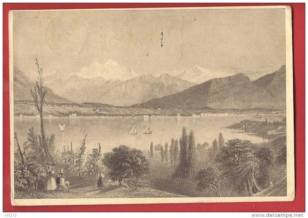 N408 Région Coppet-Versoix, Dessin Sur Le Lac Et Mont-Blanc, Barlett. Cachet 1946. - Versoix