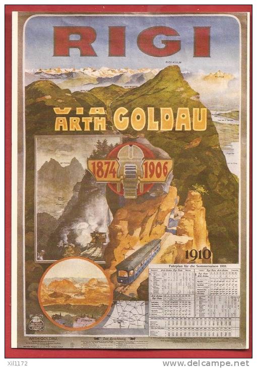 N443 Reproduction Affiche Fahrplan Bahn Train Rigi Via Arth Goldau 1910. Non Circulé. Globetrotter 3611 - Arth