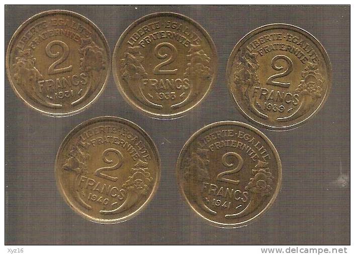 5 Pièces De 2 Francs  MORLON Bronze Alu 1931 38 39 40 41 - Autres & Non Classés