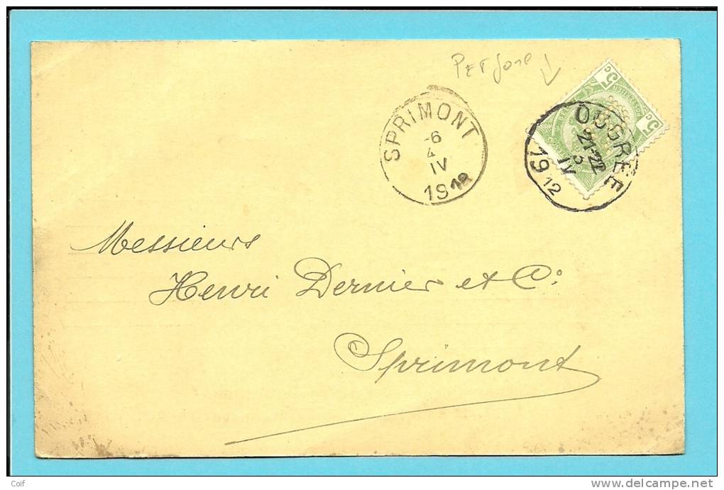 83 Op Kaart Met Firmaperforatie (perfin) " R " Van SOCIETE D'OUGREE-MARIHAYE - 1909-34