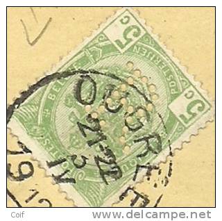 83 Op Kaart Met Firmaperforatie (perfin) " R " Van SOCIETE D'OUGREE-MARIHAYE - 1909-34