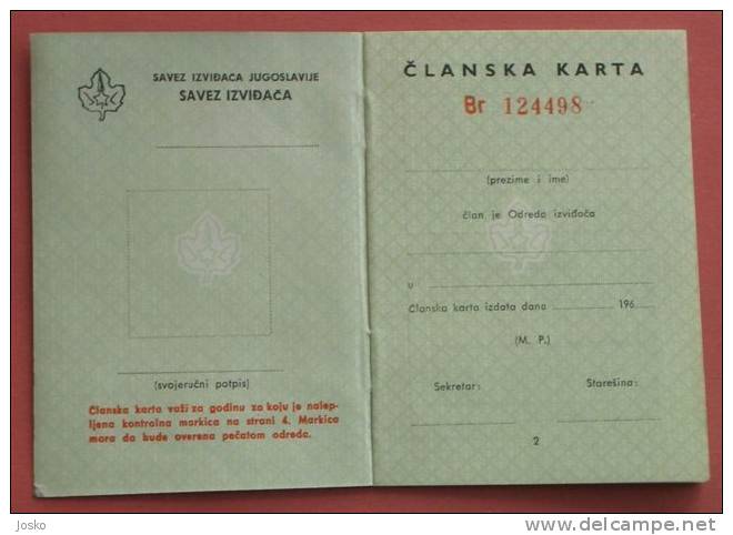 YUGOSLAVIA SCOUTS UNION - Vintage Empty ID Card * Scouting Boy Scout Scoutisme Escrutinio Pfadfinder Scoutismo Padvinder - Scouting