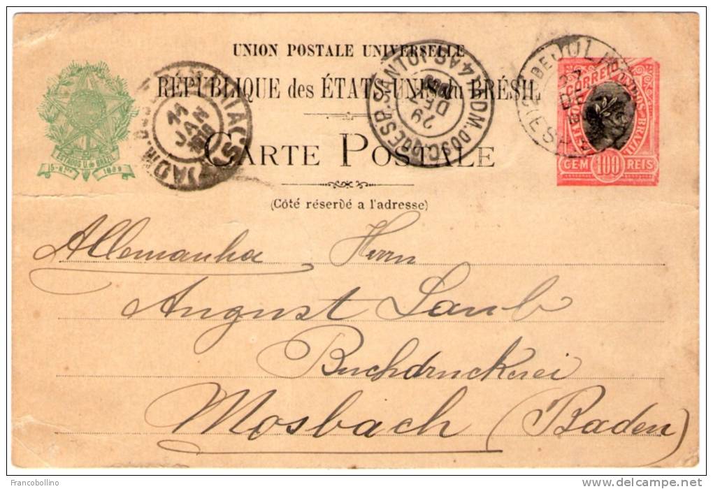 BRASIL/BRAZIL - POSTAL STATIONERY/ENTIER FROM 25 DE JULHO (ESP.SANTO) TO GERMANY 1909 - Altri & Non Classificati