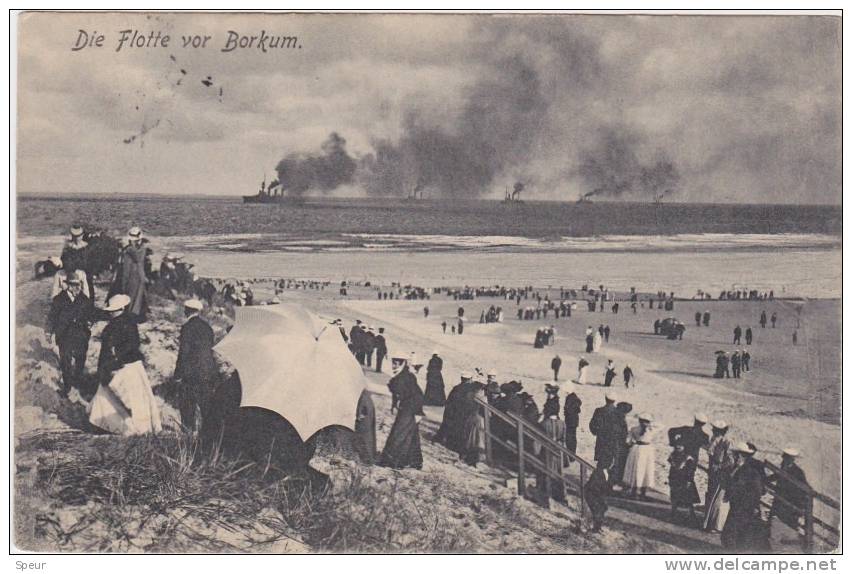 Die Flotte Vor Borkum / Warships Seen From Beach, Large Crowd. Postally Used, 1907. - Borkum