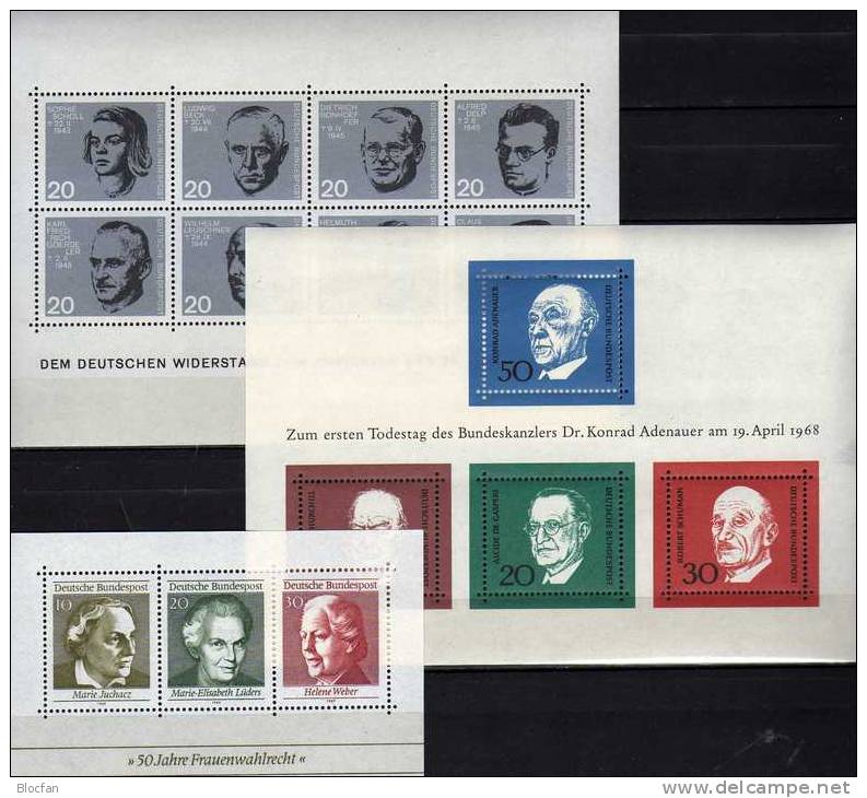 Frauen-Wahlrecht 1969 Hitler-Attentat 1964 BRD Block 3 Bis 5 ** 13€ Bundeskanzler Dr.Adenauer 1968 Bloc Sheet Of Germany - Femmes Célèbres