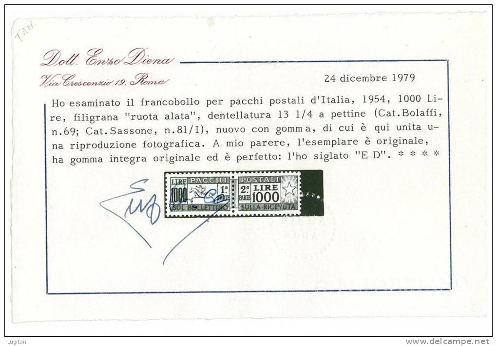 ITALIA REPUBBLICA - RARITA' 1000 LIRE PACCHI POSTALI - ANNO 1954 - CERT ENZO DIENA - Cavallino - Postal Parcels