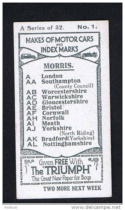 RB 816 - 1923 Triumph Cigarette Type Trade Card - Amalgamated Press Ltd - Motor Cars &amp; Index Marks - No 1 Morris - Autres & Non Classés