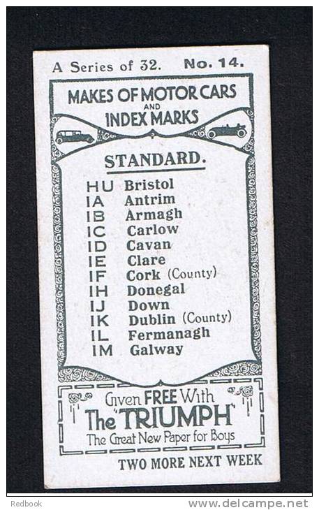 RB 816 - 1923 Triumph Cigarette Type Trade Card - Amalgamated Press Ltd - Motor Cars &amp; Index Marks - No 14 Standard - Autres & Non Classés