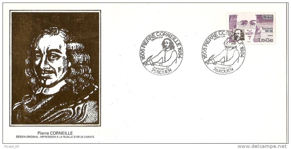 Grande Env Fdc France+feuille D´or, 29/9/84 Paris, N°2329a,personnages Célèbres, Corneille, Dramaturge, Plume - 1980-1989