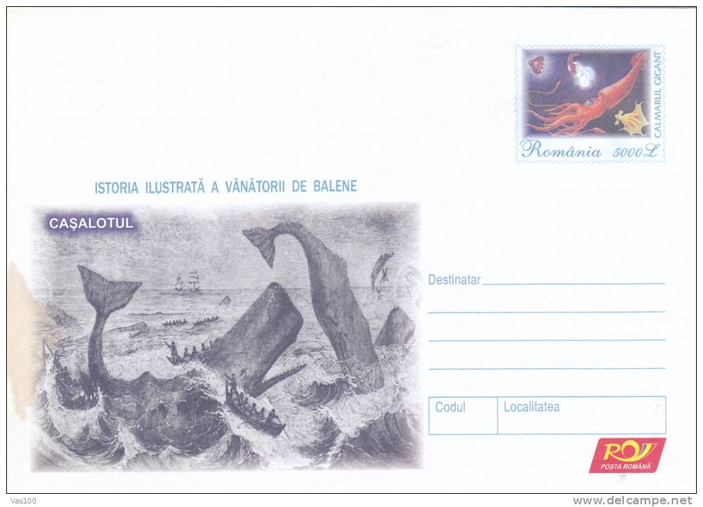 HUNTING,WHALES BALEINS 1 STATIONERY COVERS ENTIER POSTAL UNUSED 2004,ROMANIA. - Baleines