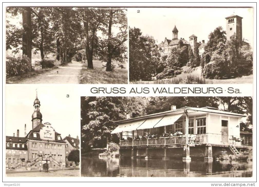 DDR Sachsen, Waldenburg Mehrbildkarte Gel. 1979, BuH Reichenbach (Rathaus, Schloß/ Klinik, Gaststätte "Parkschlößchen") - Waldenburg (Sachsen)