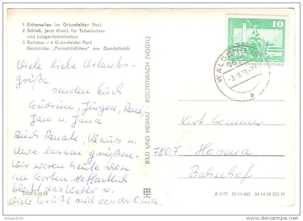 DDR Sachsen, Waldenburg Mehrbildkarte Gel. 1979, BuH Reichenbach (Rathaus, Schloß/ Klinik, Gaststätte "Parkschlößchen") - Waldenburg (Sachsen)