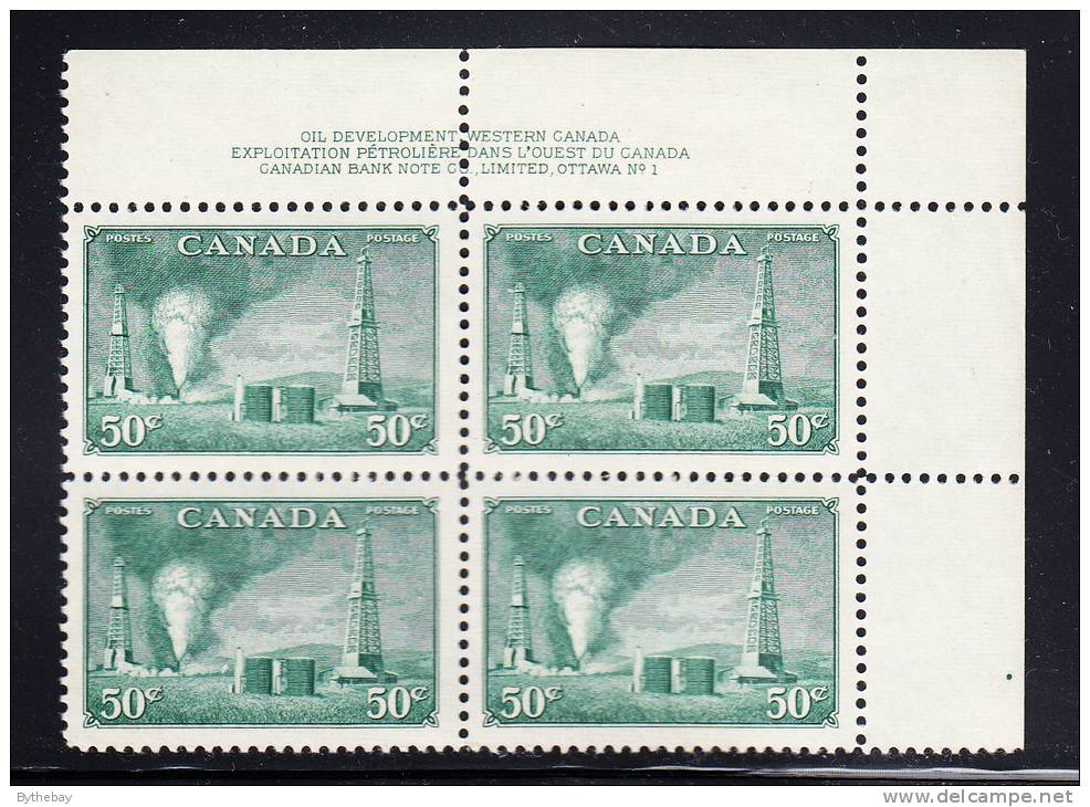 Canada Scott #294 MNH 50c Oil Wells Upper Right Plate #1 - Num. Planches & Inscriptions Marge