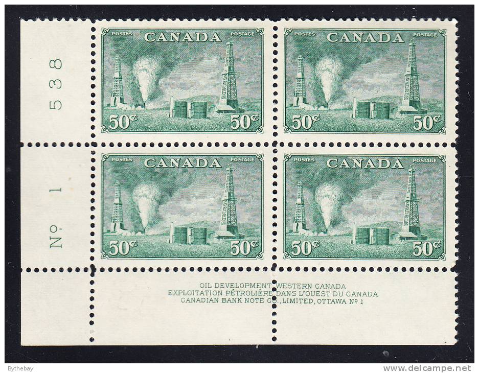 Canada Scott #294 MNH 50c Oil Wells Lower Left Plate #1 - Num. Planches & Inscriptions Marge