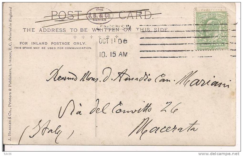 WESTMINSTER CATHEDRAL -B/N  VIAGGIATA  1906 - PER ITALIA -INTERNO ORIGINALE - Storia Postale
