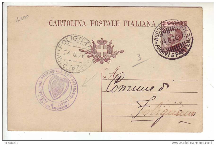 Intero Postale Bollo Folignano Ascoli Piceno 1926 Enti Autarchici Autarchia - Interi Postali