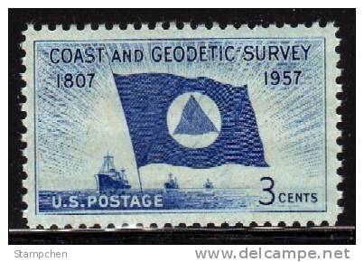 1957 USA Coast & Geodetic Survey Stamp Sc#1088 Flag Ship Sea - Neufs