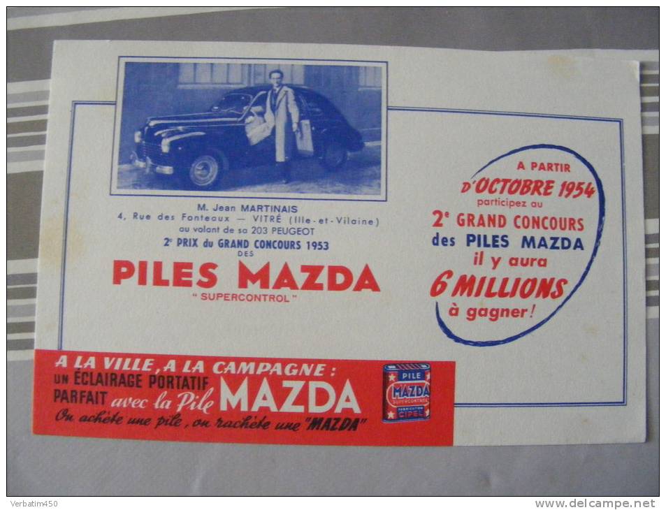 BUVARD....PILES MAZDA..CONCOURS..PEUGEOT 203 - Batterie