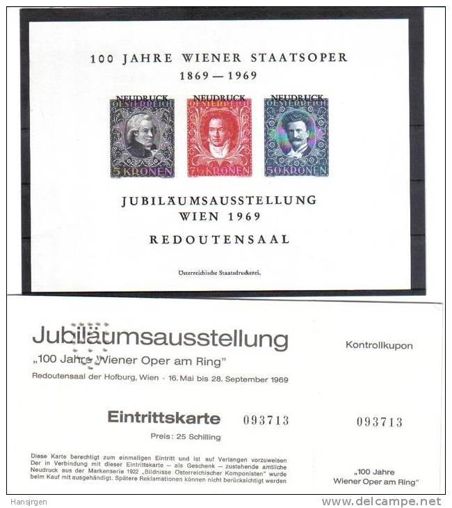 XOB540 ÖSTERREICH 1968 ANK NR. N8 OPERN NEUDRUCKBLOCK Mit EINTRITTSKARTE SIEHE ABBILDUNG - Proofs & Reprints