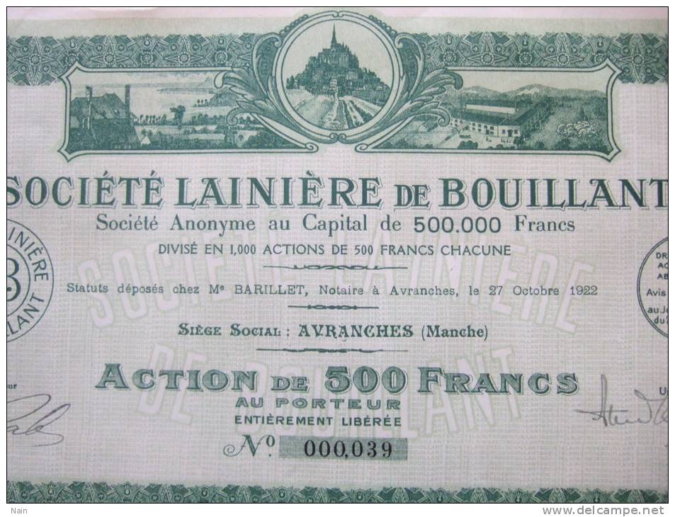ACTIONS ET TITRES - AGRICULTURE - SOCIETE LAINIERE DE BOUILLANT  " BAIE DU MONT ST MICHEL " - AVRANCHES - " 1000 ACTIONS - Agriculture