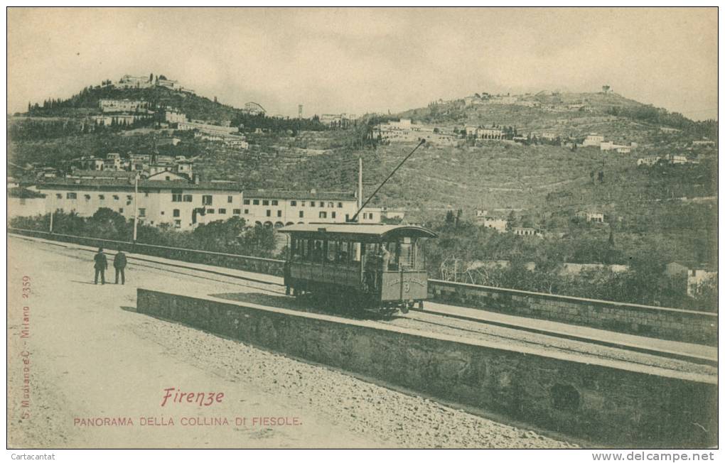 FIRENZE.SUGGESTIVO PANORAMA DELLA COLLINA DI FIESOLE CON LITTORINA TRAM IN PRIMO PIANO. BELLA CARTOLINA PRIMI DEL '900 - Firenze