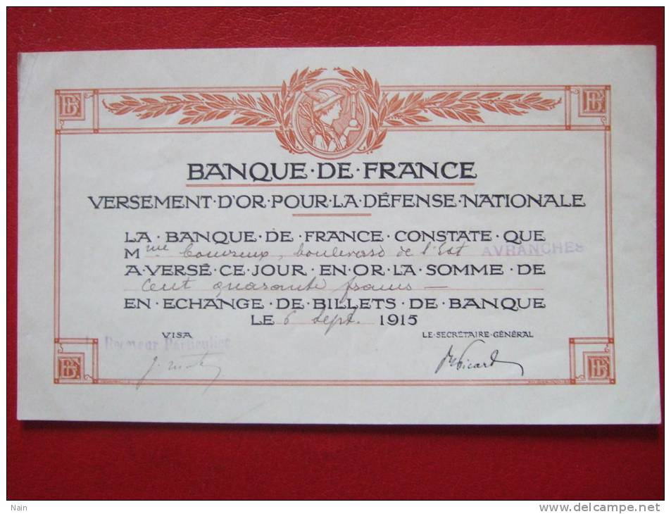 ACTIONS ET TITRES - BANQUE & ASSURANCE - BANQUE DE FRANCE - VERSEMENT D'OR POUR LA DEFENSE NATIONALE - - Bank & Insurance