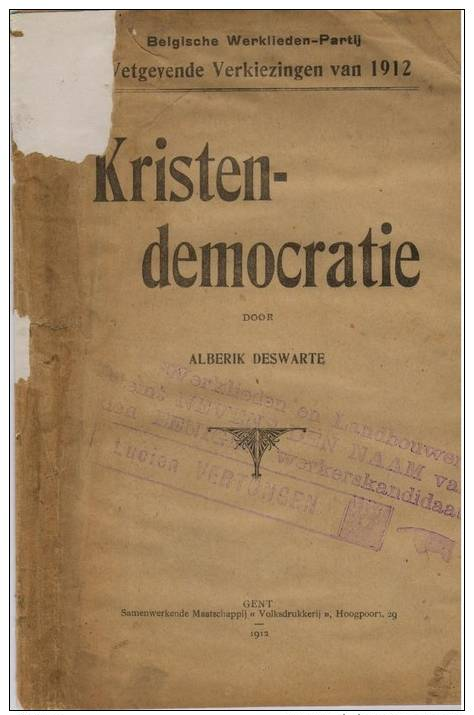 Deswarte, Alberik. Kristen-demokratie. Belgische Werklieden-Partij, Wetgevende Verkiezingen Van 1912 - History