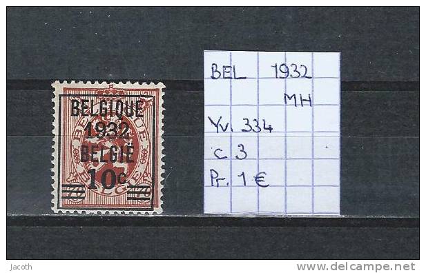 België 1932 - Yv./OCB 334 Postfris Met Plakker/neuf Avec Charnière/MH - 1929-1937 Heraldieke Leeuw