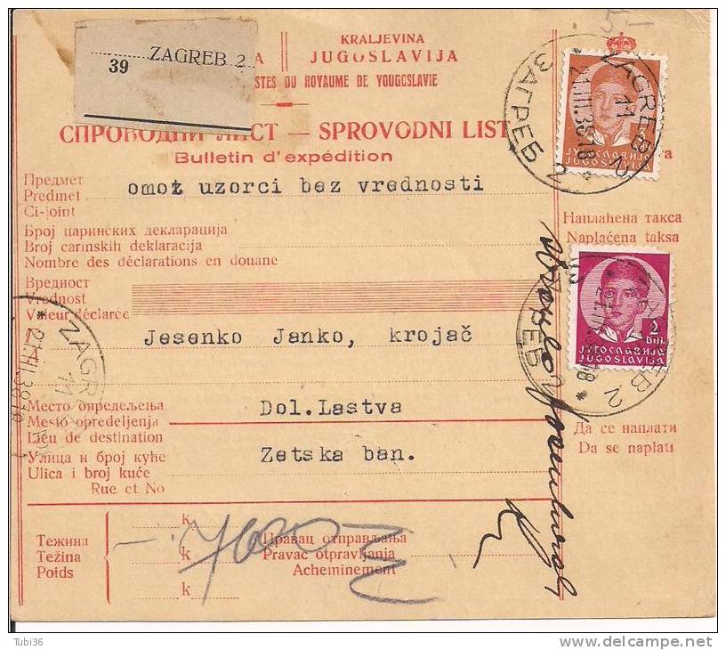 BOLLETTINO DI SPEDIZIONE - DA ZAGABRIA  A LASTVA 1938 - POSTES DU ROYAUME DE YUGOSLAVIE -  CON AFFRANCATURA . - Cartas & Documentos