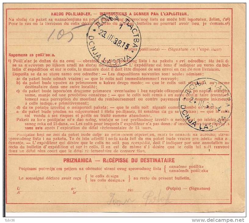 BOLLETTINO DI SPEDIZIONE - DA ZAGABRIA  A LASTVA 1938 - POSTES DU ROYAUME DE YUGOSLAVIE -  CON AFFRANCATURA . - Cartas & Documentos