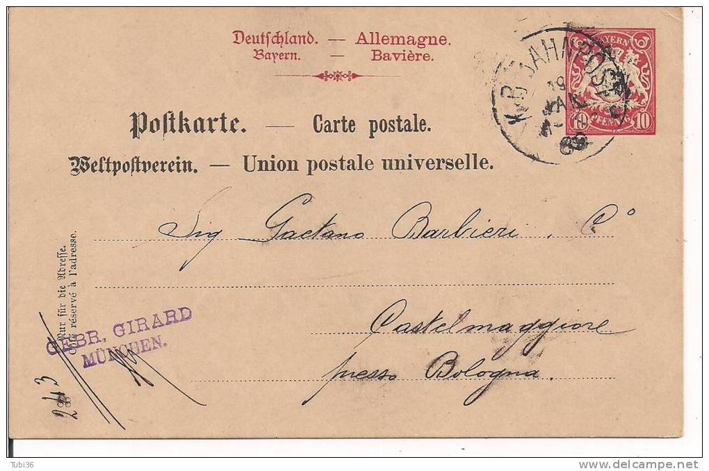 Postkarte Deutschland Bayern  10 Pfennig - VIAGGIATA  1889  PER ITALIA - TIMBRO POSTE AMBULANTE - Postal  Stationery