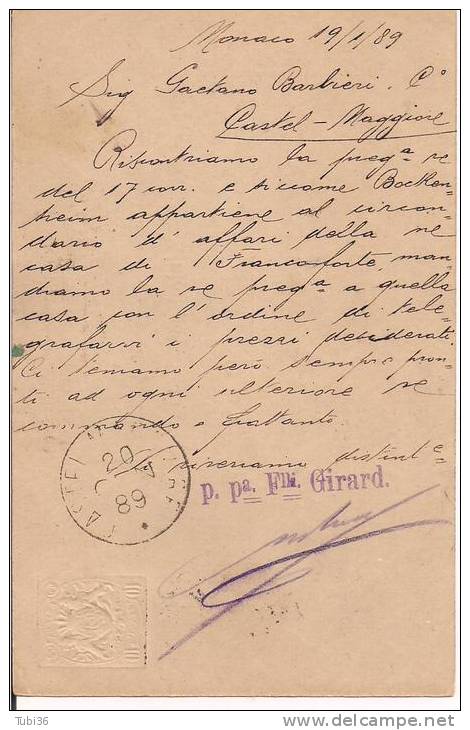 Postkarte Deutschland Bayern  10 Pfennig - VIAGGIATA  1889  PER ITALIA - TIMBRO POSTE AMBULANTE - Postal  Stationery