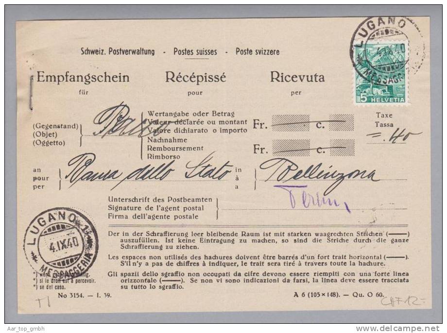 Heimat TI Lugano 1940-09-04 Empfangsschein - Lettres & Documents