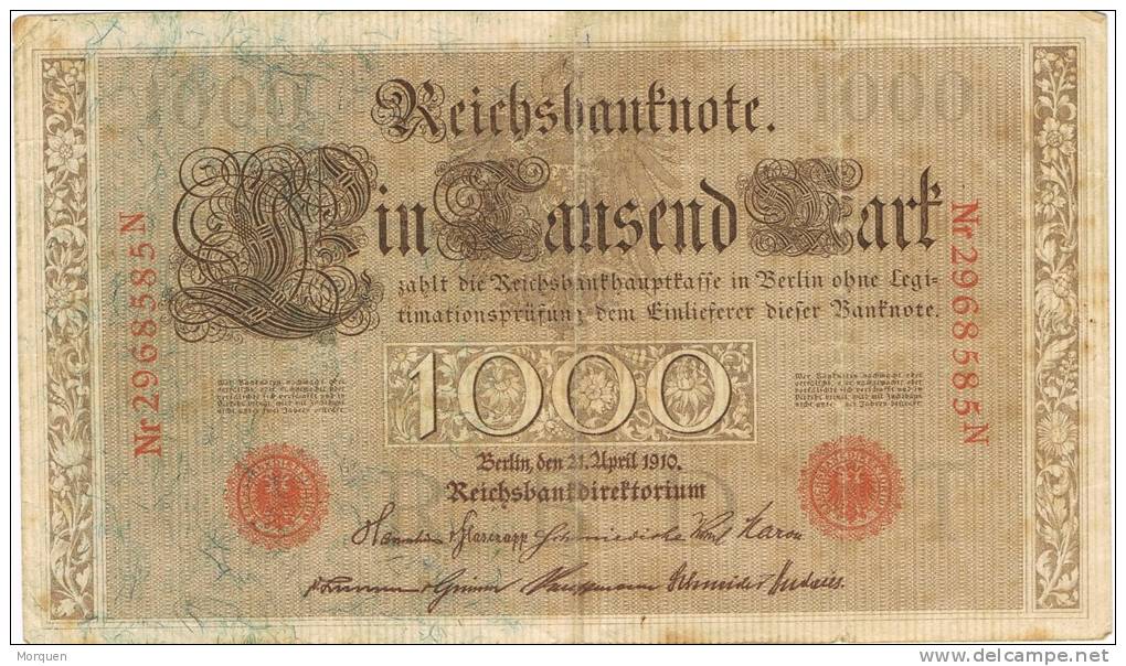 Billete 1000 Mark Reich Aleman 1910.serie N. Banknote - 1000 Mark