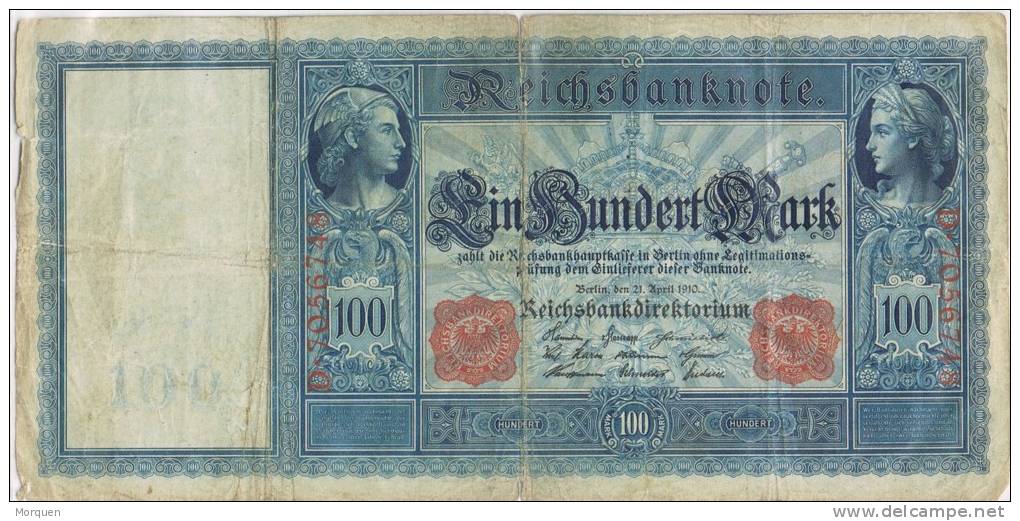 Billete 100 Mark Reich Aleman 1910. Serie D. Banknote - 100 Mark