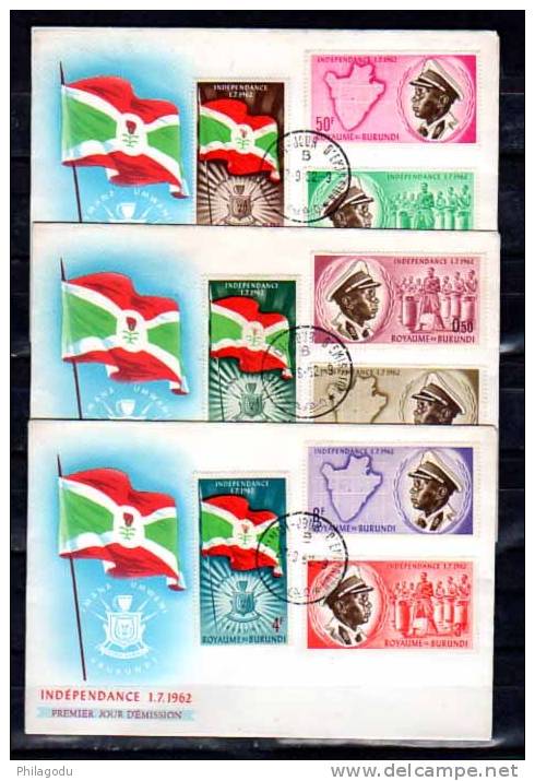 1962   Série 26/34 Sur 3 FDC Illustrés, Indépendance Burundi - Gebraucht