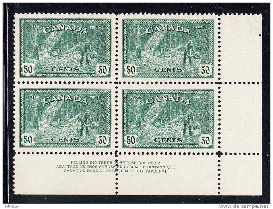 Canada Scott #272 MNH 50c Logging Lower Right Plate #1 Block - Plattennummern & Inschriften