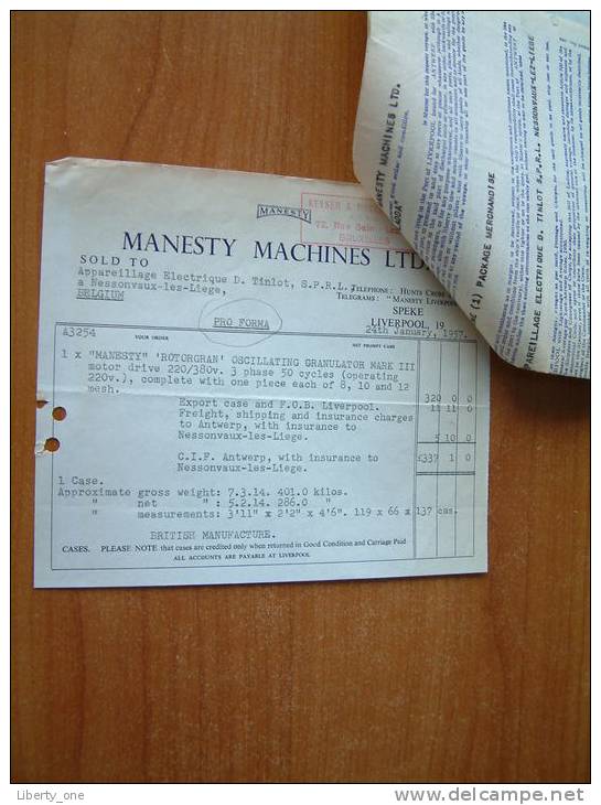 MANESTY MACHINES LTD. Speke LIVERPOOL 1957 ( Tinlot Nessonvaux ) ( Met Vrachtlijst / Zie Foto Voor Details ) ! - Royaume-Uni