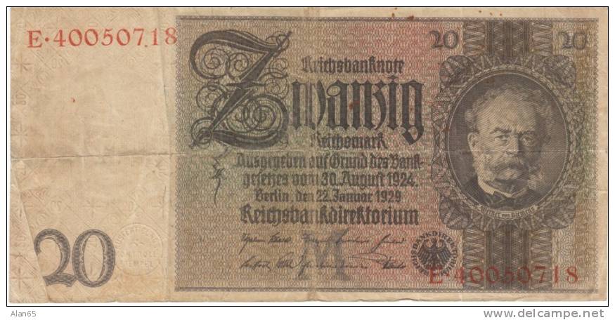 Germany #181a, 20 Reichsmark, 22.1.1929 Banknote Currency - 20 Mark