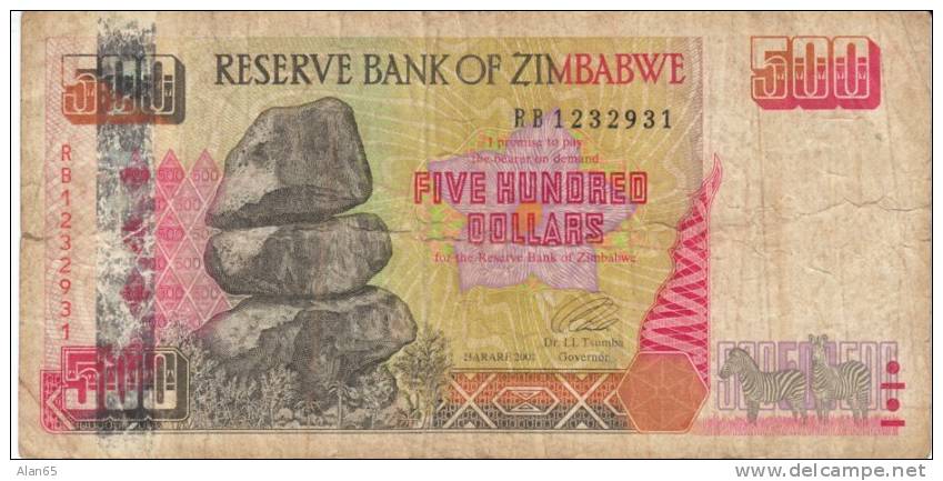 Zimbabwe #11, 500 Dollars 2001 Banknote Currency - Zimbabwe