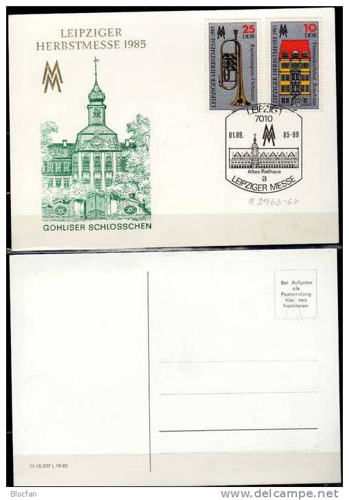 Souvenir Herbst-Messe Leipzig 1985 DDR 2963/4 Gedenkblatt SST Rathaus 5€ Bose-Haus Bach-Trompete Fair Card Of Germany - Märkte