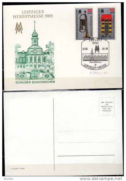 Souvenir Herbst-Messe Leipzig 1985 DDR 2963/4 Gedenkblatt SST Rathaus 5€ Bose-Haus Bach-Trompete Fair Card Of Germany - Markets