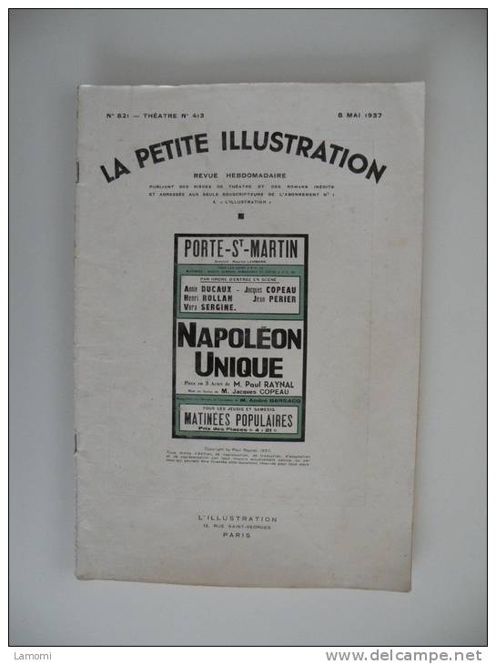 *Théatre 1937 La Petite Illustration Revue Hebdomadaire Publient Des Pièces De Théatre Napoléon Unique - Autori Francesi