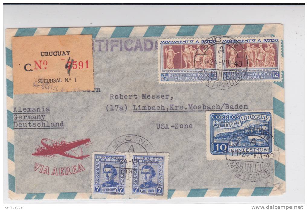 URUGUAY - 1949 - ENVELOPPE Par AVION RECOMMANDEE De MONTEVIDEO Pour LIMBACH (GERMANY US ZONE) - Uruguay