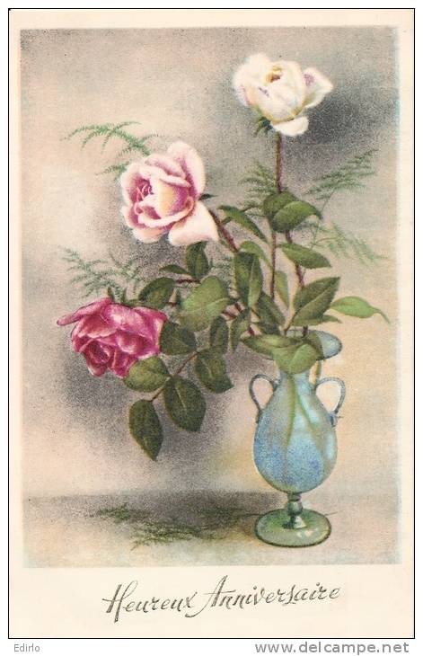 Illustrateur - Roses En Vase De Verre -  Joyeux Anniversaire -  écrite Eexcellent état - Before 1900